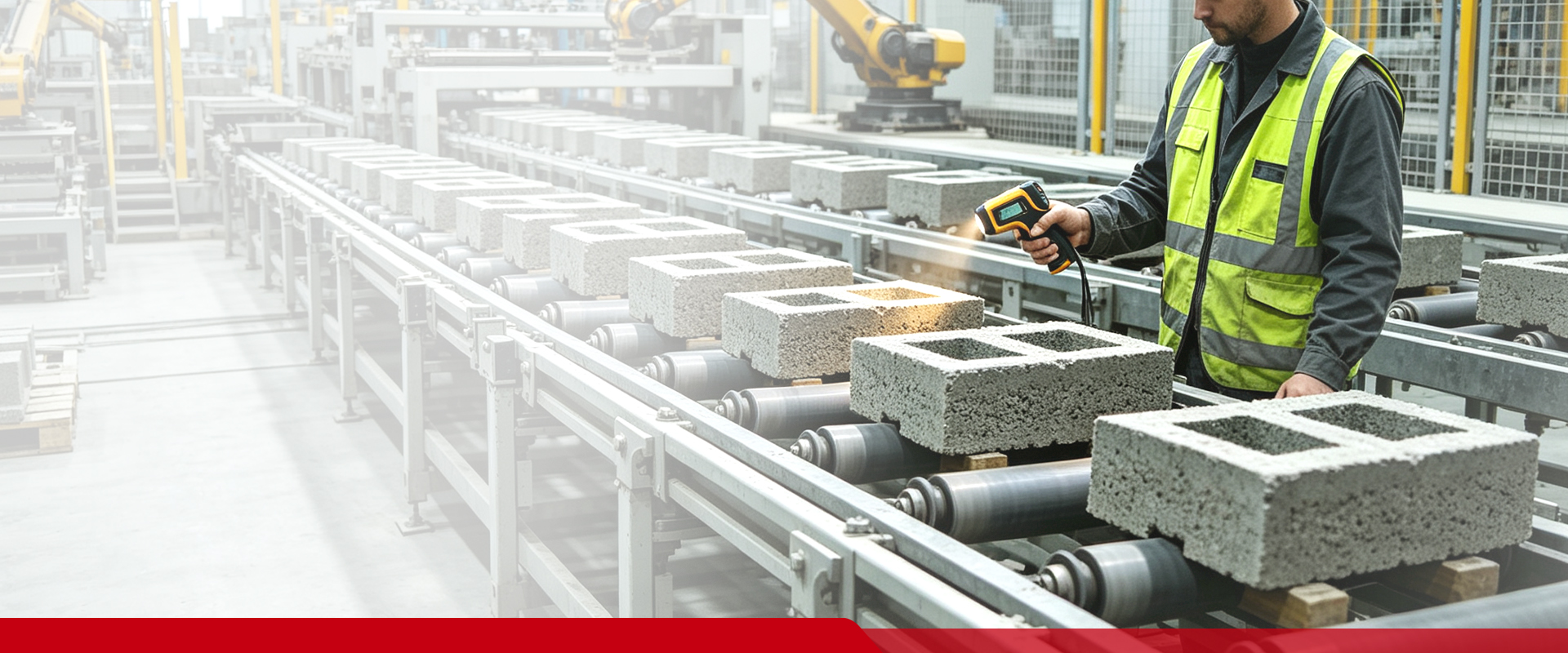 Quality inspector checking freshly produced concrete blocks on the production line with a handheld scanner